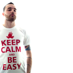 Steve wearing out white keep calm tee