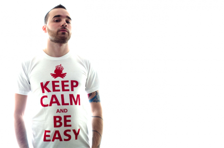 Steve wearing out white keep calm tee